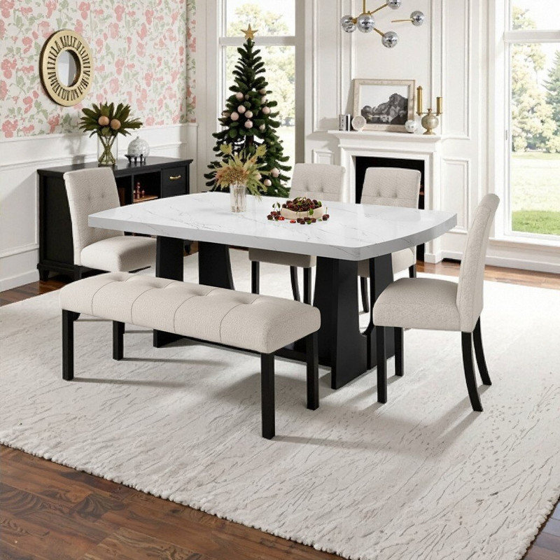 Ensemble de table de salle à manger ovale 63 pièces 63 pouces avec pieds géométriques et 4 chaises rembourrées, Beige, blanc