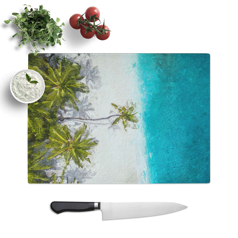 Tempered Glass Palm Tree Beach in the Maldives Chopping Board, 39 cm W x 28.5 cm L
