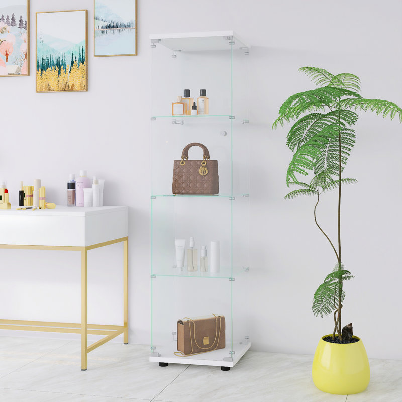 Versatile Glass Display Cabinet With Four Shelves And Door For Home And Office Use, White