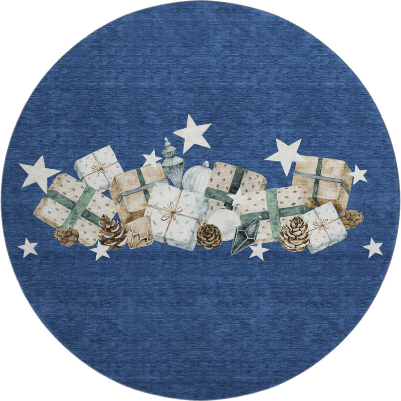 Premium Machine Washable Castillon AMF1825 Stars and Presents Holiday Rug, Round 8'
