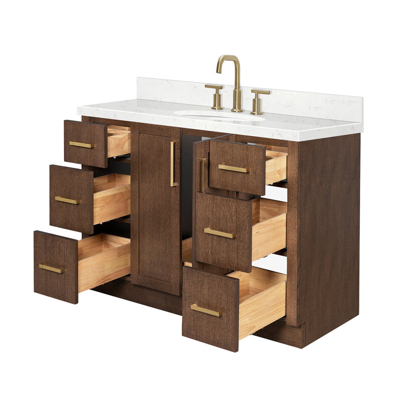 Meuble-lavabo ovale simple de 122 cm (48 po) avec comptoir en quartz blanc de Carrare et revêtement en chêne brun de 3,8 cm (1,5 po).