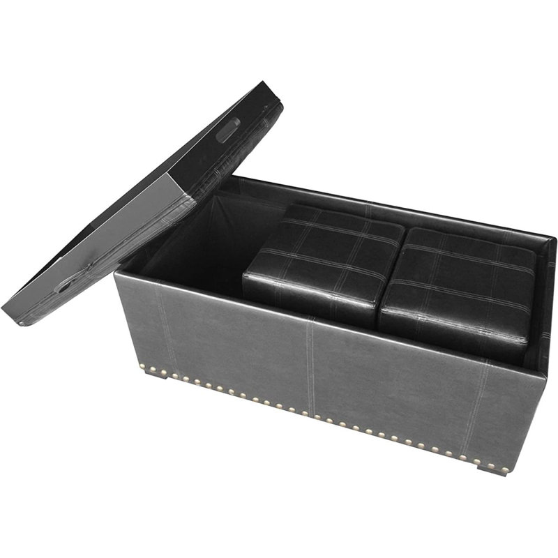 Banc de rangement en cuir avec 2 repose-pieds latéraux, noir