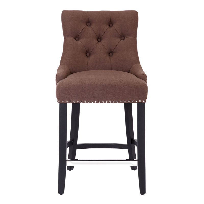 Linen Fabric Tufted Upholstered Counter Stool, Brown Linen/Black Frame, Bar Stool (29” Seat Height)