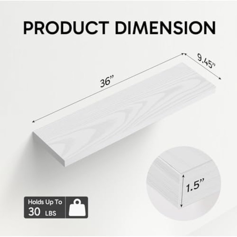White Floating Shelves For Wall, 36 Inches Wall Mounted Rustic Wood Shelves For Bathroom, Bedroom, Living Room, For Book/Storage/Decor（Set Of 3）
