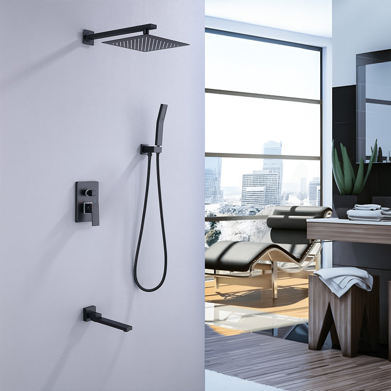 Système de douche complet à pression équilibrée avec valve brute, Noir mat