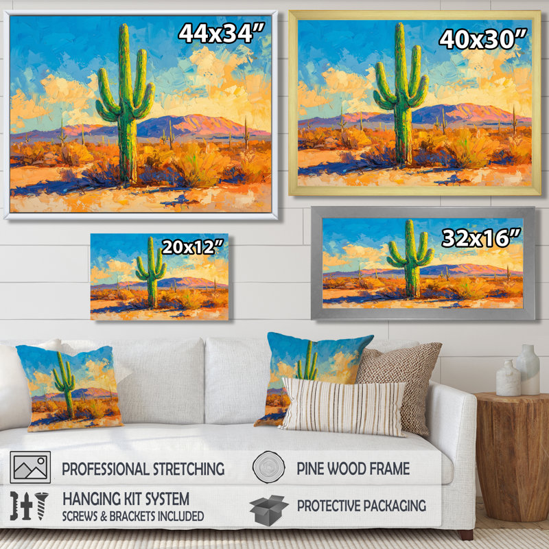 Saguaro dans la lumière dorée II - cactus, art mural, H 12 po x l 20 po, Cadre flottant, Noir