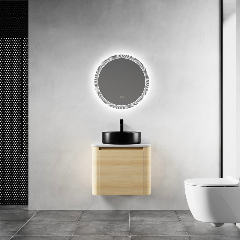 Meuble-lavabo mural de 24 po avec lavabo d'art en céramique, porte simple à fermeture en douceur, fabrication en contreplaqué, pierre plate blanche, 45 poignées cachées, rangement et fonctionnalité de raffinement esthétique