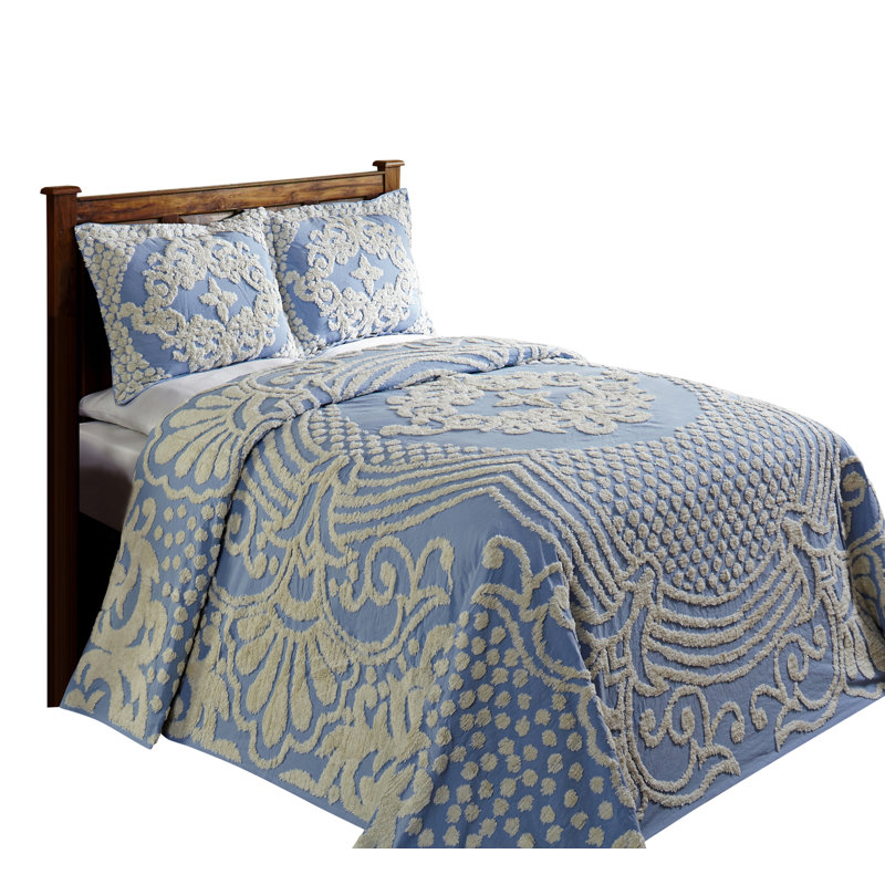 Florence Standard 100% Cotton Floral Pattern Coverlet/Bedspread, Queen Bedspread, Blue