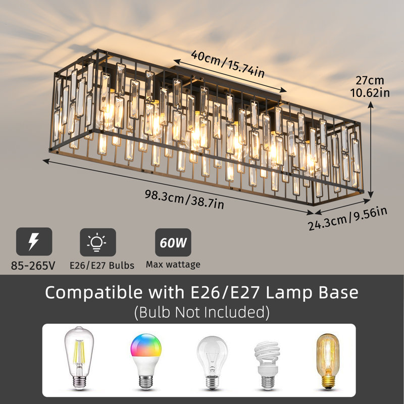 6 - Light 38.7" Crystal Rectangle Flush Mount, Matte Black