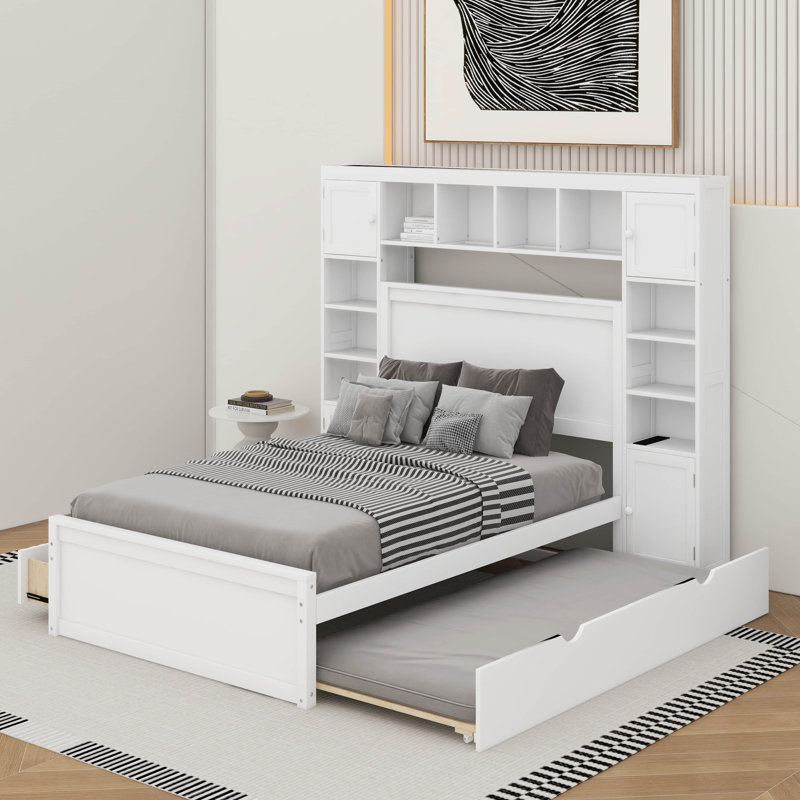 Lit double en bois avec armoire tout-en-un, tablette et lit gigogne