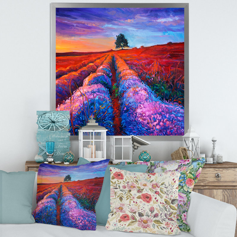 Champ de lavande avec arbre lointain et lueur du soir - Peinture sur toile, Cadre photo argenté, H 16 po x l 16 po x P 1 po