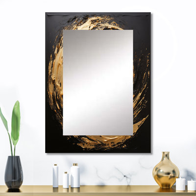 Collage en spirale abstraite dorée et noire - miroir unique de collages abstraits, grand miroir mural moderne