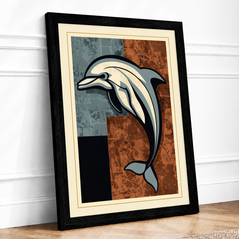 Leaping Dolphin Mid-Century - Framed Print, A2 - 59.4 x 42.0 cm, Black