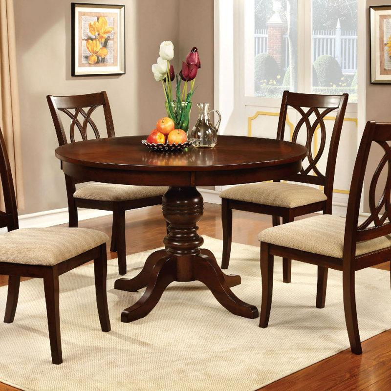 Contemporary Style 5pc Dining Set Brown Cherry Solid wood Round Pedestal Table 4x Side Chairs Dining Room Furniture