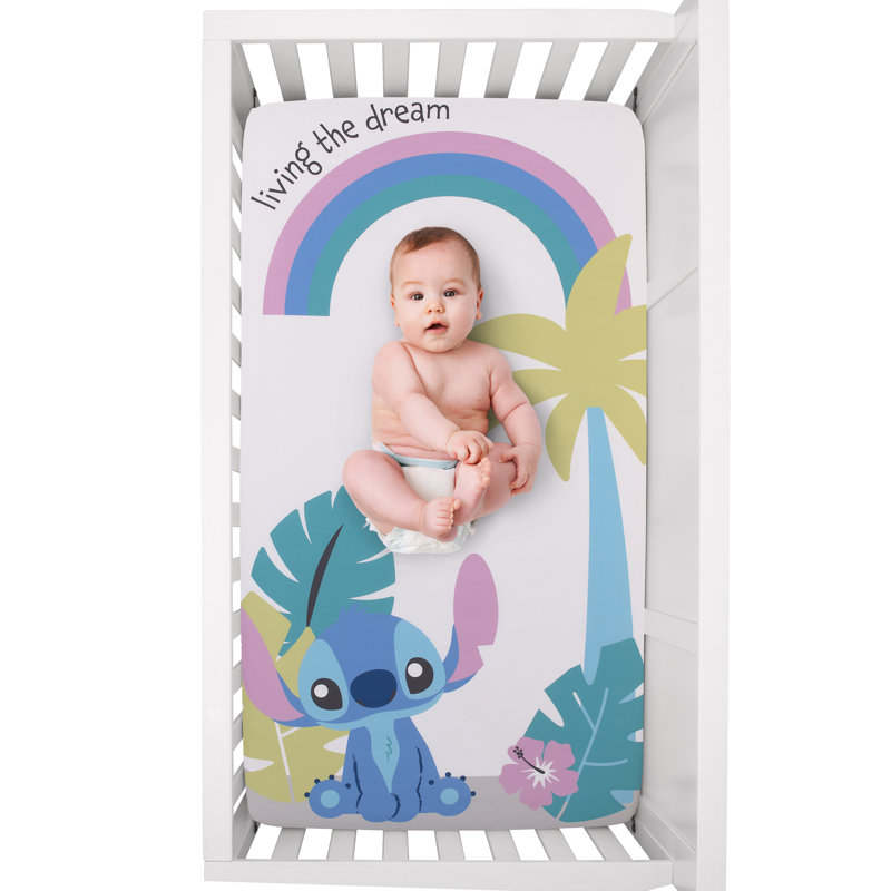 Drap-housse pour lit de bébé NoJo Disney Stitch bleu, bleu sarcelle, lime, lavande et blanc Living the Dream