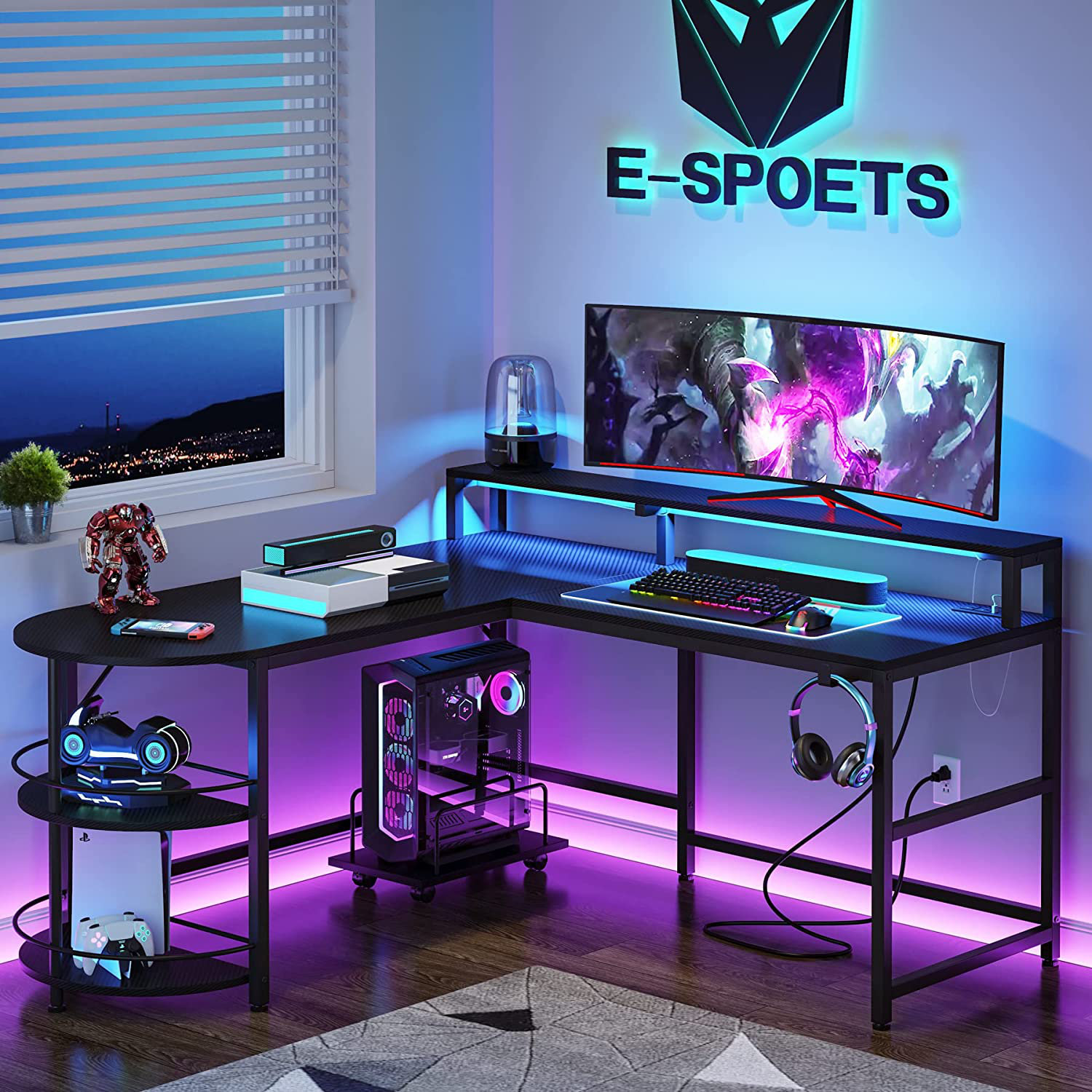 Ebern Designs Nyair L-Shape Gaming Desk with Built in Outlets & Reviews ...