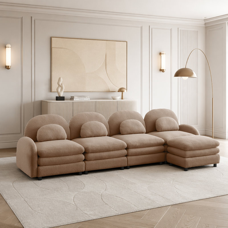 Teddy Fabric Cloud Sofa,Curved Backrest and Armrest with Curved Lumbar Pillows, Camel+4Seat+1Ottoman