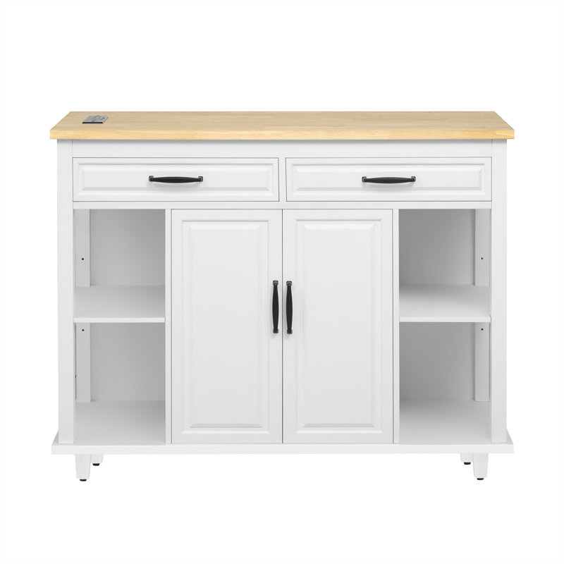 Îlot de cuisine 47 po en bois d'hévéa avec table extensible, rangement, tiroirs, armoires et prise de courant, blanc, Blanc