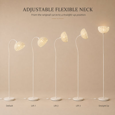 Lampe sur pied arquée en rotin blanc avec col flexible et ampoule E26 à lumière chaude