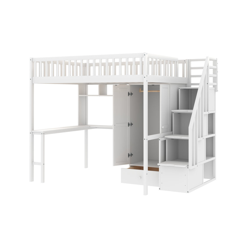 Gunjan Loft Bed with Bookshelf,Drawers,Desk,and Wardrobe, White, Full