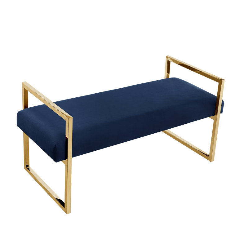 Khole Velvet Upholstered Bench, Navy/Gold