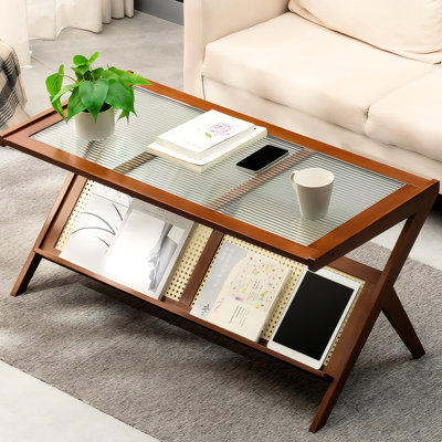 Table basse, plateau en verre, salon, esthétique Mid-Century, rangement central, fonctionnalité fonctionnelle, artisanat de qualité, plateau moderne avec plateau en verre trempé brun, et élégant, fabriqué, surface, 40,52 po