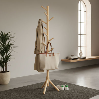 Multifunctional Floor-standing Coat And Hat Rack With 8 Hooks + 3 Adjustable Tree-shaped Shelves. Meets The Needs Of Storing Clothes, Hats, Scarves, And Bags. Suitable For Various Occasions, Practical And Versatile.