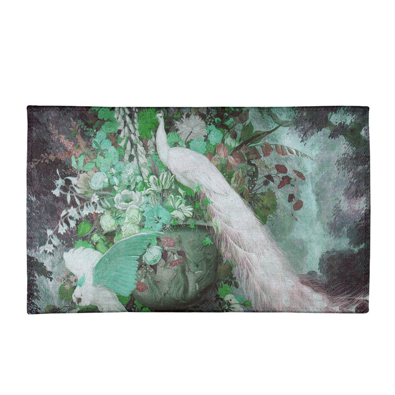 Tapis vert à motif de paon avec fleurs Maciel, Rectangulaire 3 pi x 5 pi