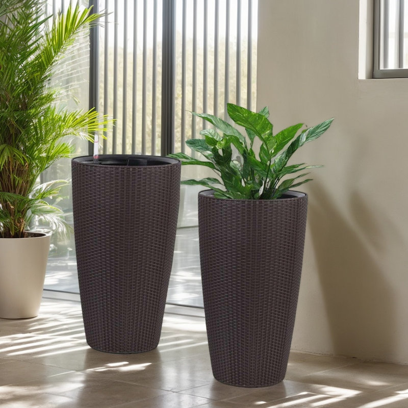 22.5" Tall Imitation Rattan Self-Watering Planter Set Of 2, Polypropylene Indoor/Outdoor Decorative Large Plant Pots With Automatic Watering System