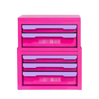 Boîte de rangement à cinq tiroirs rose et mauve pour le bureau, matériau en acier, poignées coulissantes intégrées, rangement pour médicaments empilable, acier laminé à froid, poignées