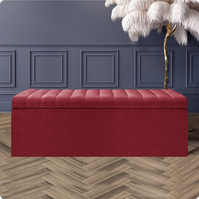 Safar Wide Velvet Rectangle Solid Color Standard Ottoman Box with Storage, Claret Red Plush Velvet, 90 cm