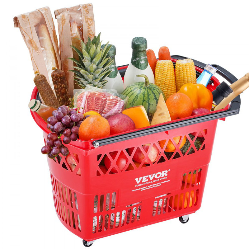 Plastic Rolling Shopping Trolley Basket On Wheels 6PCS 39L with Handle Red