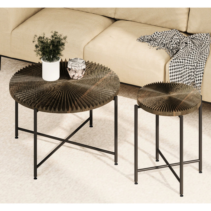 2 tables basses et de bout - modèle Radial, avec housse, pieds en métal noir, cylindrique vieilli, noyer foncé, pour les tables à motifs Modern Living