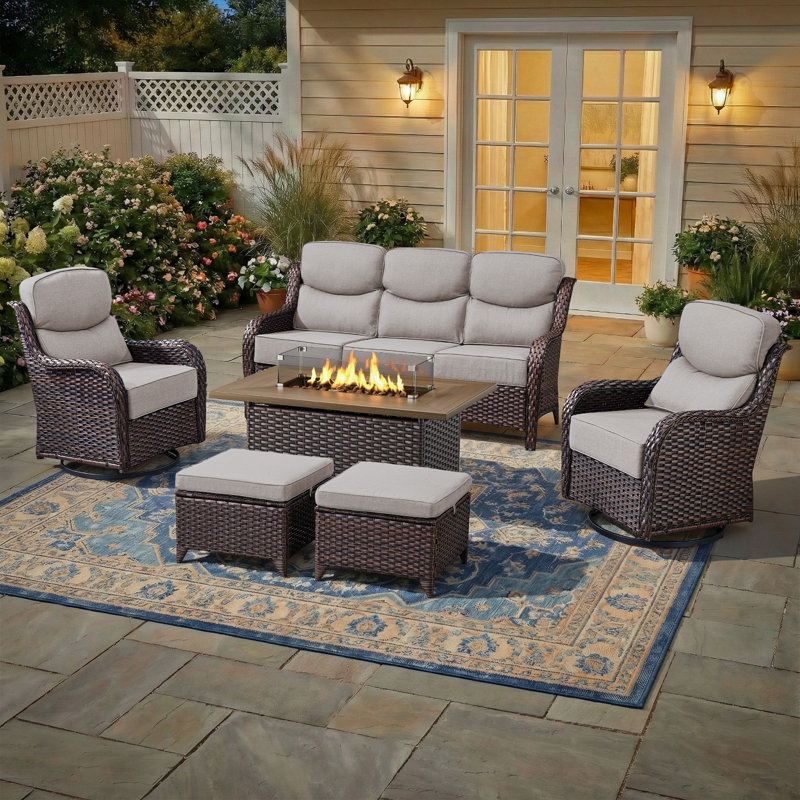 7 - Person Luxury Wicker Patio Furniture Set With Fire Pit Table & 6-Inch Extra-Thick Cushion Swivel Chairs, Beige, Brown