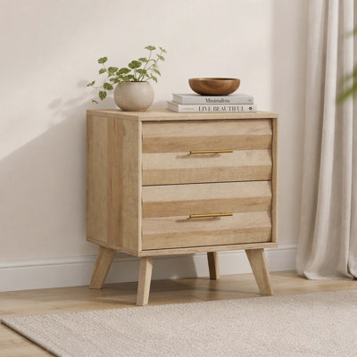 Single Mid‑Century‑Inspired Oak‑Colored Bedside Cabinet, 2‑Drawer Bedroom Nightstand Furnished With Decorative Metal Handles, Compact Side End Table