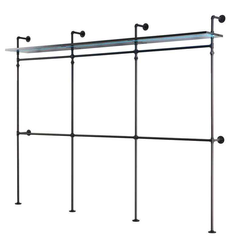 Portemanteau industriel noir réversible de 118,3 po avec lumières à DEL et tablettes