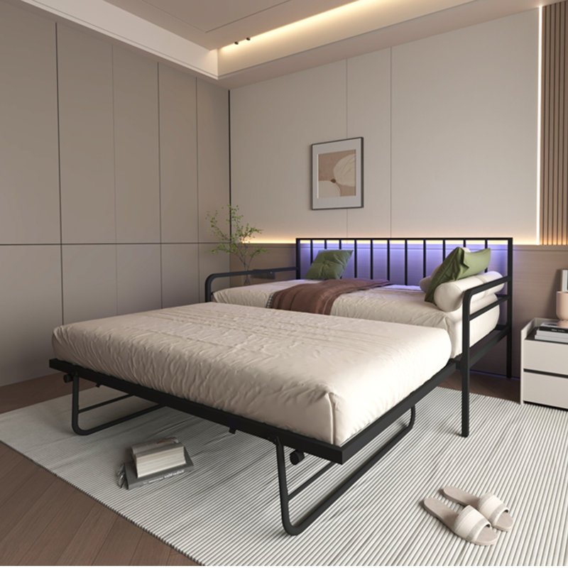 Lit de jour simple en métal avec lit gigogne, lumières à DEL RVB, charge USB, cadre à hauteur réglable, canapé-lit noir pour chambre et chambre d'amis