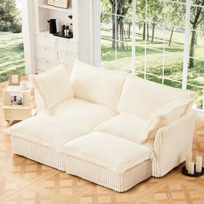 2 Seater With Ottomans, Cream Corduroy, Soft And Breathable Interior Cotton Filling