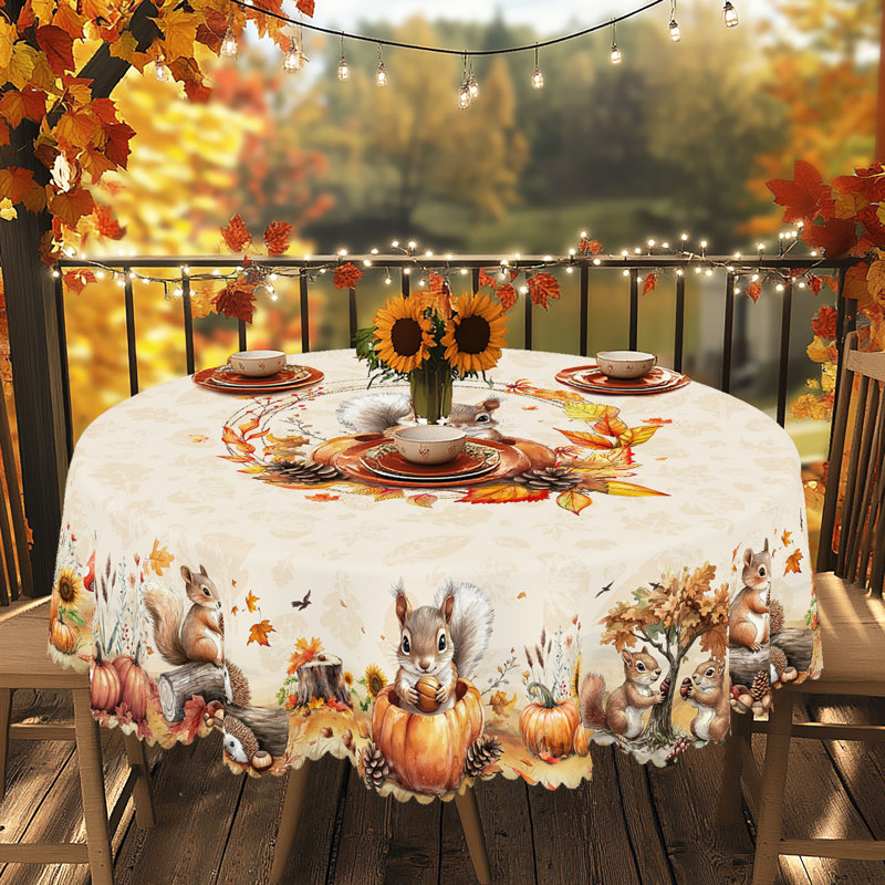 1pc Autumn Thanksgiving Polyester Tablecloth, Squirrel, Pumpkin, Hedgehog Pattern Design, Rectangular And Round Autumn Harvest Tablecloth, Thanksgiving Gift, Suitable For Autumn, Indoor/Outdoor, Camping And Picnic Decoration