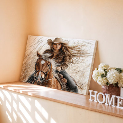Western Woman Riding Horse Rustic Cowboy Country Decor Canvas Wall Art Print For Living Room, Bedroom, Office, Hallway, Entryway, Gallery Wall And Modern Home Decor
