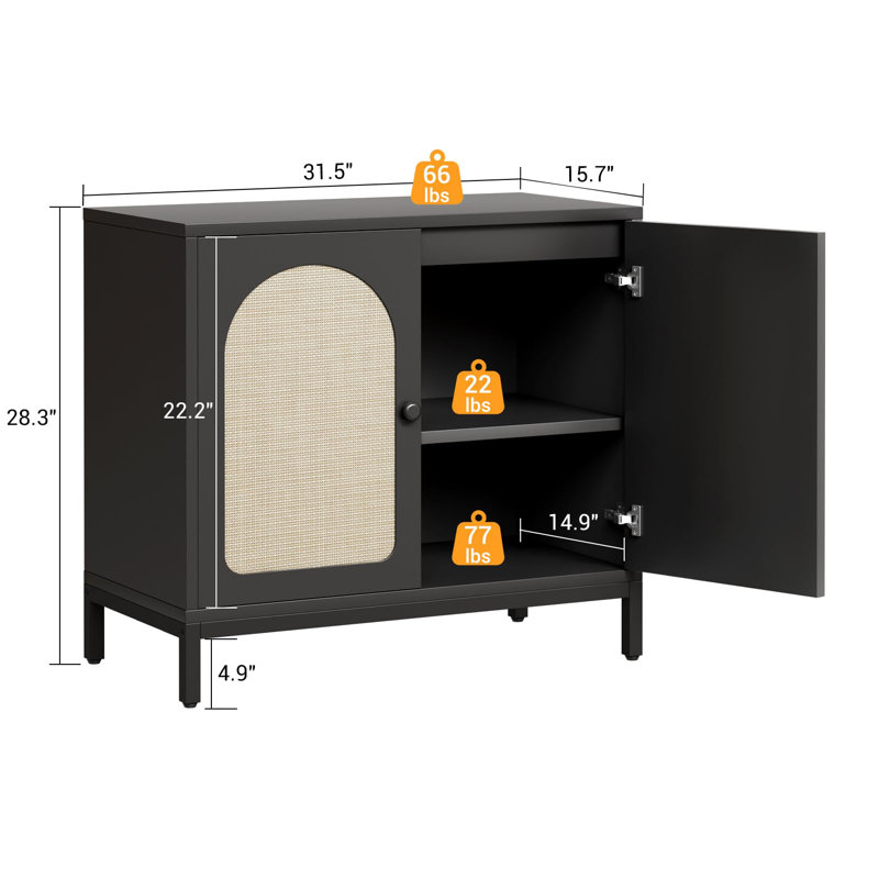 Rattan Sideboard Buffet Cabinet with Adjustable Shelf, Rattan Doors & Spacious Storage, Black