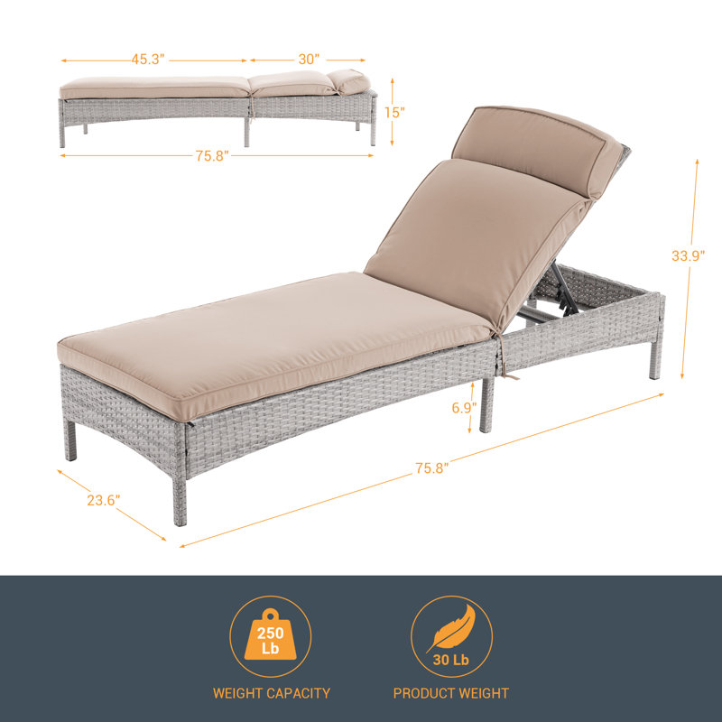 Outdoor Rattan Patio Lounge Chair with Adjustable Reclining Back & Waterproof Cushion, All-Weather Chair for Deck Backyard Garden