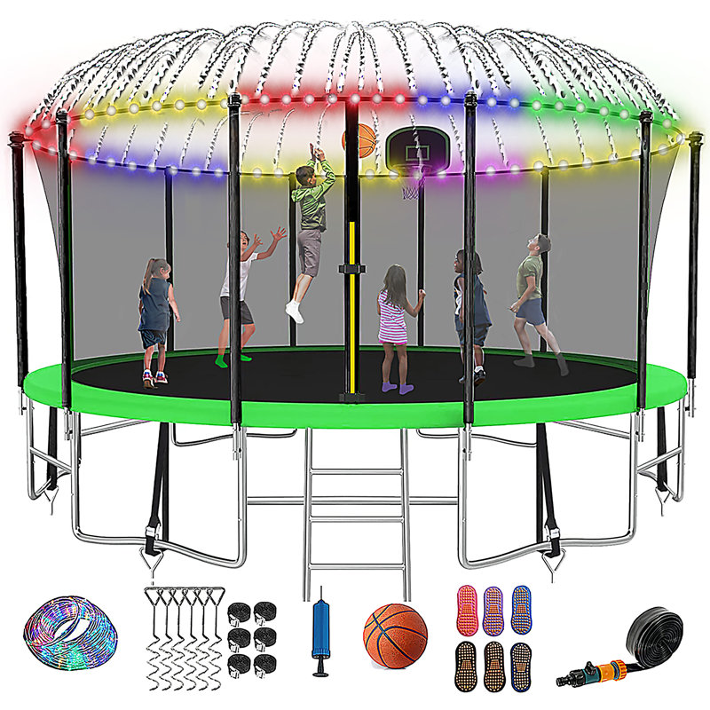 Trampoline de cour arrière 16 pi avec enceinte sécuritaire, lumière, gicleur, chaussettes, Vert