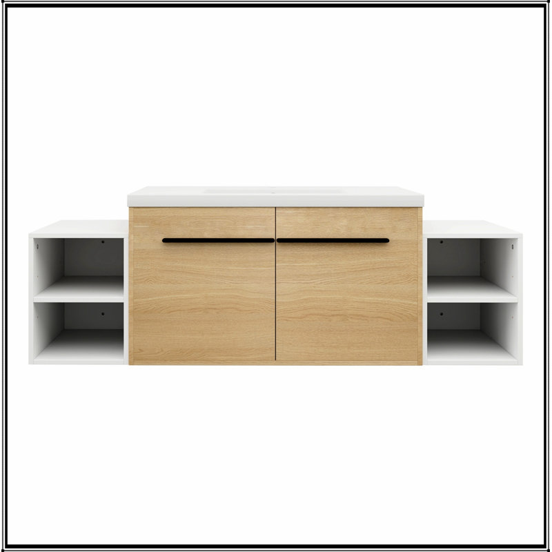 Meuble-lavabo mural avec 2 portes et tablettes de rangement latérales, Natural