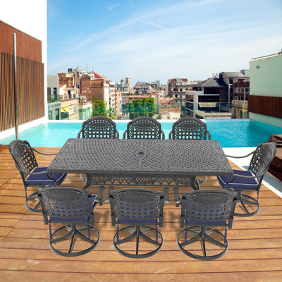 9-Piece All-Weather Cast Aluminum Dining Set, Include 8 Swivel Chairs And Rectangular Table With Black Frame