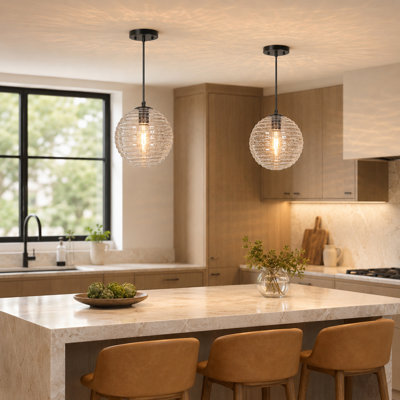 Luminaire suspendu 1 lumière à intensité variable avec globe en verre nervuré pour salle à manger (ensemble de 2)