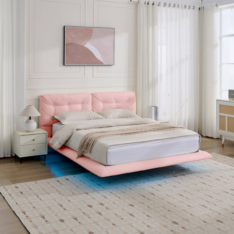 Cadre de lit flottant pour grand lit avec lumières DEL fonctionnelles, cadre de lit plateforme en cuir pu capitonné avec tête de lit, sans sommier, rose