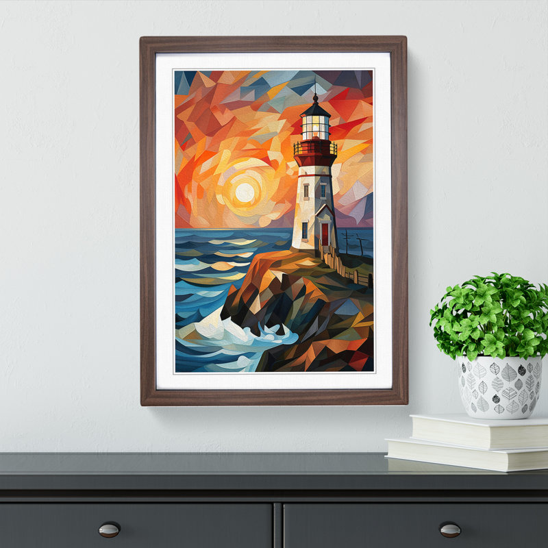 Lighthouse Cubism No.2 - Single Picture Frame Print on Wood, Walnut, 64cm H x 46cm W x 2cm D
