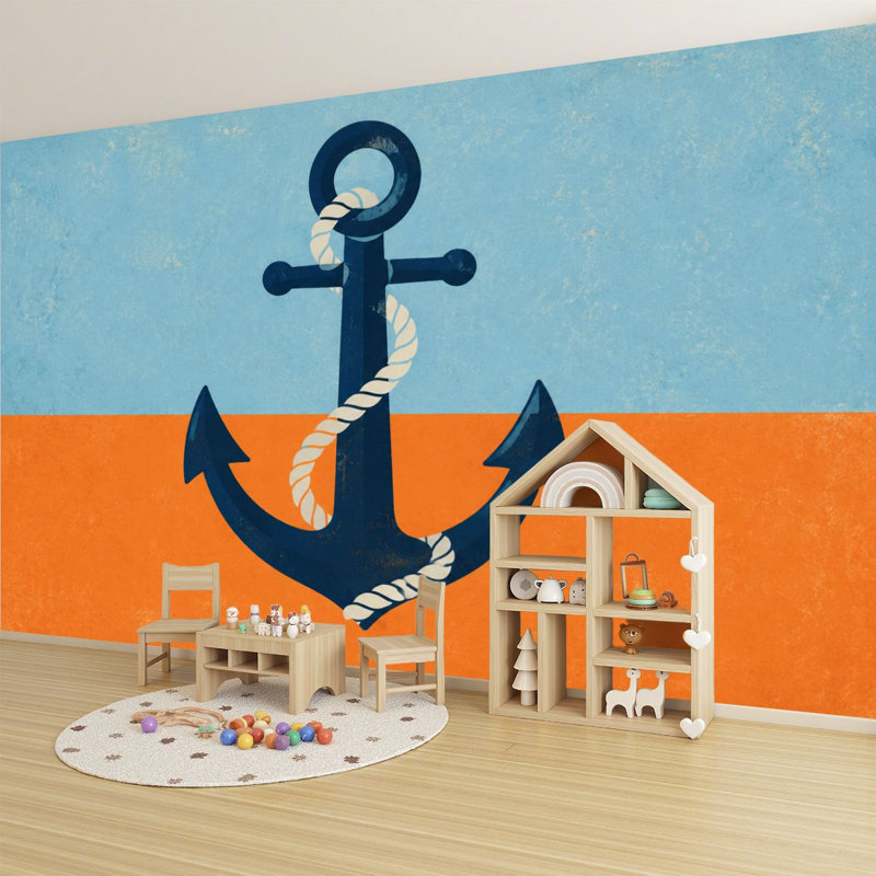 Murale auto-adhésive moderne pour la chambre à coucher Peel and Stick L 69 po x l 96 po avec imprimé ancre nautique bleu et orange
