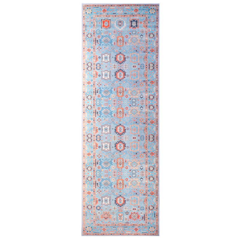 Tapis carré moderne bleu Oushak lavable à la machine avec rembourrage intégré et envers antidérapant